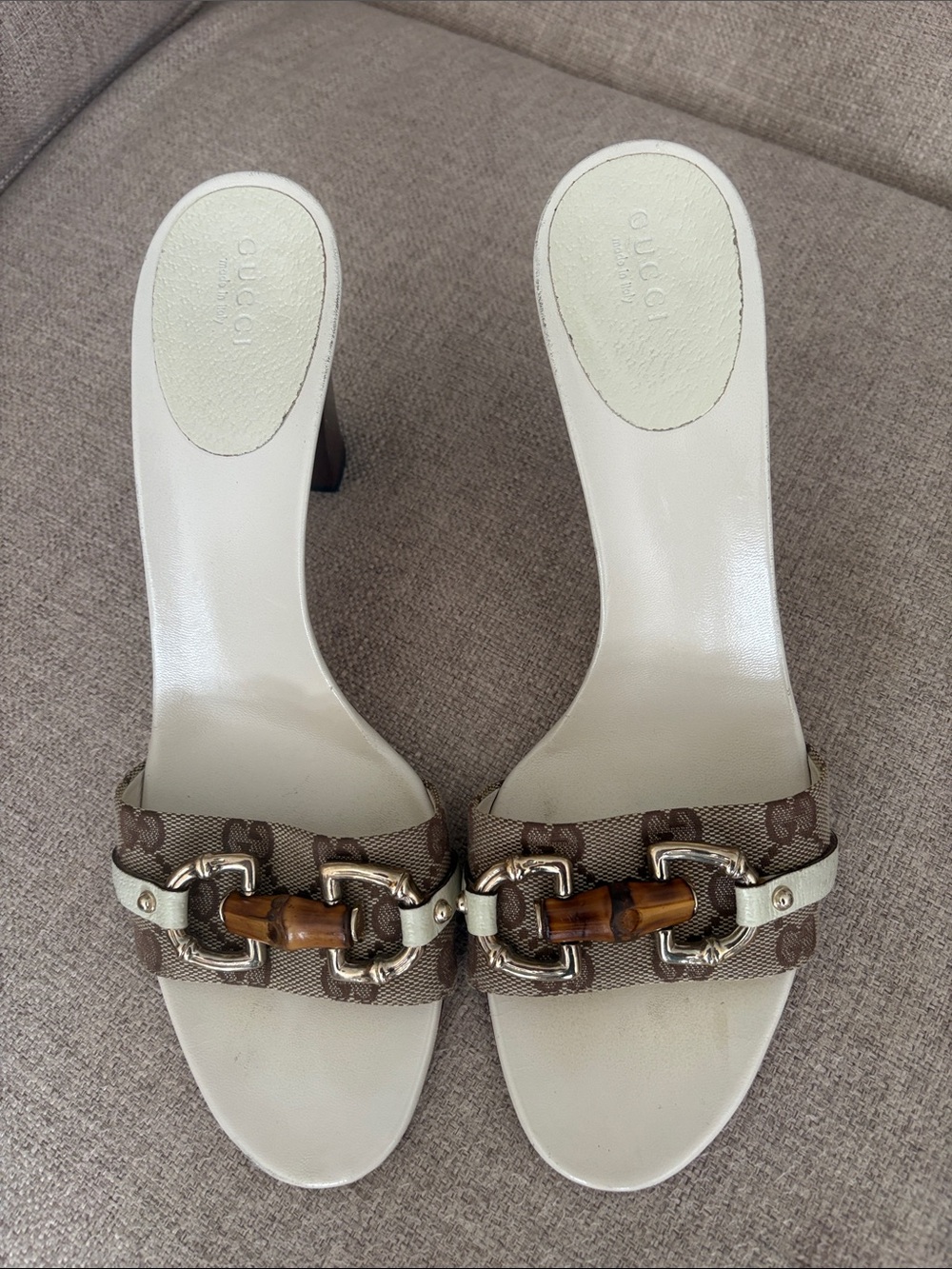 Gucci Brown Monogram Bamboo-Accent Slide Mules with Cream Insole 
Size 91/2 B
